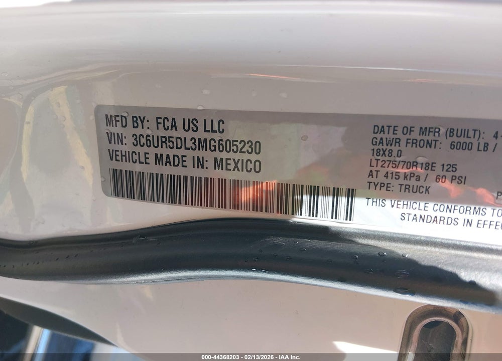 2021 RAM 2500 BIG HORN  4X4 6'4 BOX VIN: 3C6UR5DL3MG605230