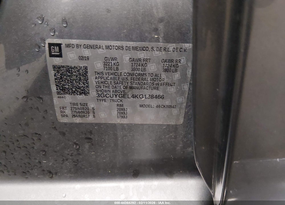 2019 CHEVROLET SILVERADO 1500 LTZ VIN: 3GCUYGEL4KG138466