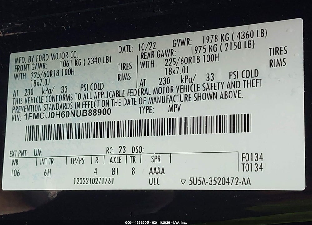 2022 FORD ESCAPE SEL VIN: 1FMCU0H60NUB88900