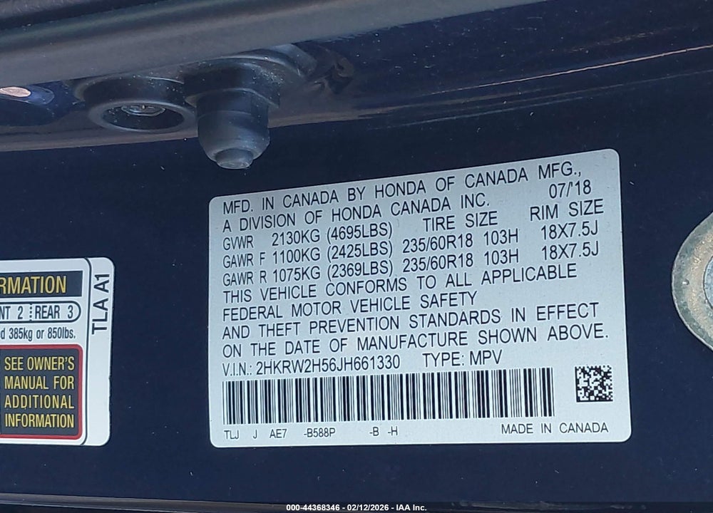 2018 HONDA CR-V EX VIN: 2HKRW2H56JH661330