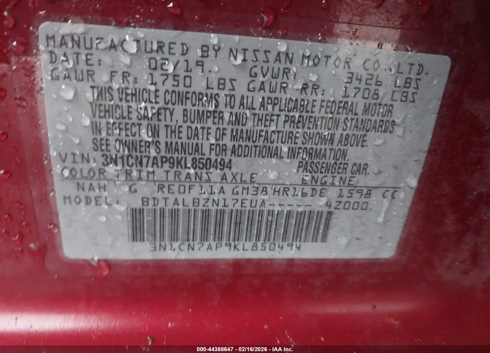 2019 NISSAN VERSA 1.6 SV VIN: 3N1CN7AP9KL850494