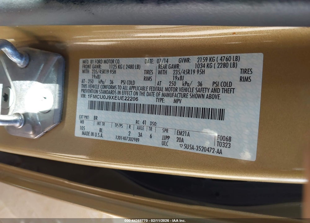2014 FORD ESCAPE TITANIUM VIN: 1FMCU0J9XEUE22206