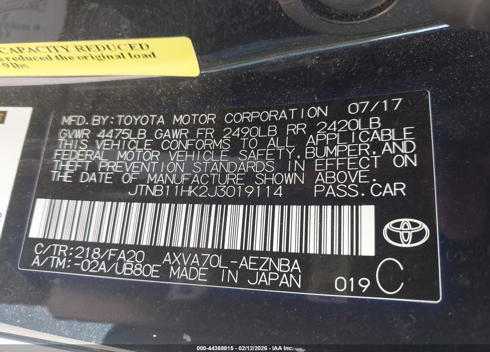 2018 TOYOTA CAMRY LE VIN: JTNB11HK2J3019114
