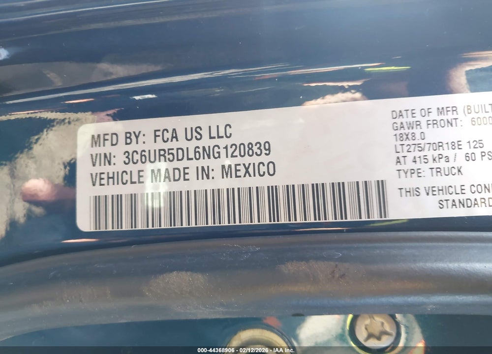 2022 RAM 2500 VIN: 3C6UR5DL6NG120839