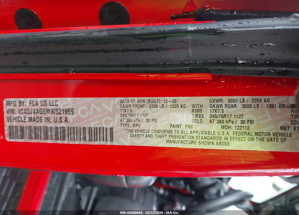 2021 JEEP WRANGLER SPORT 4X4 VIN: 1C4GJXAG5MW521959