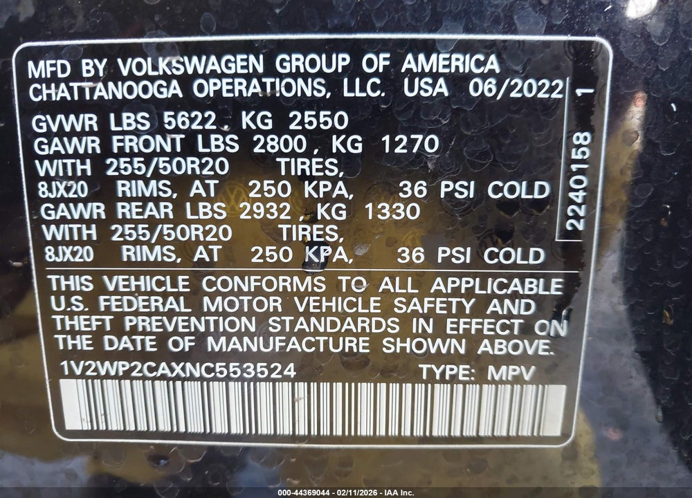 2022 VOLKSWAGEN ATLAS 2.0T SE W/TECHNOLOGY VIN: 1V2WP2CAXNC553524