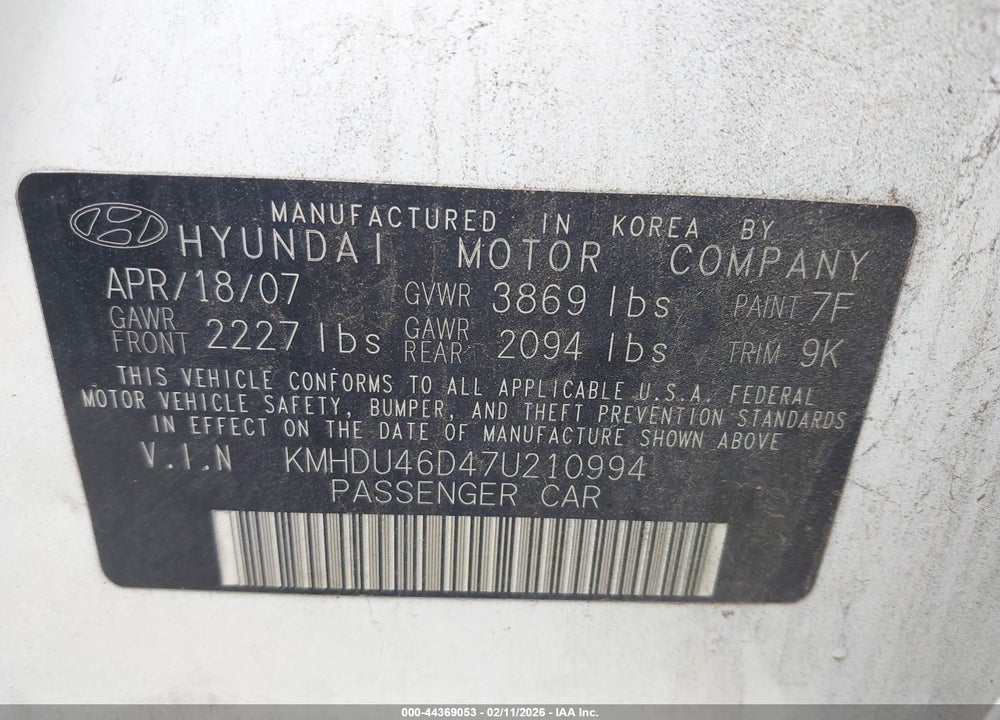 2007 HYUNDAI ELANTRA GLS/LIMITED/SE VIN: KMHDU46D47U210994
