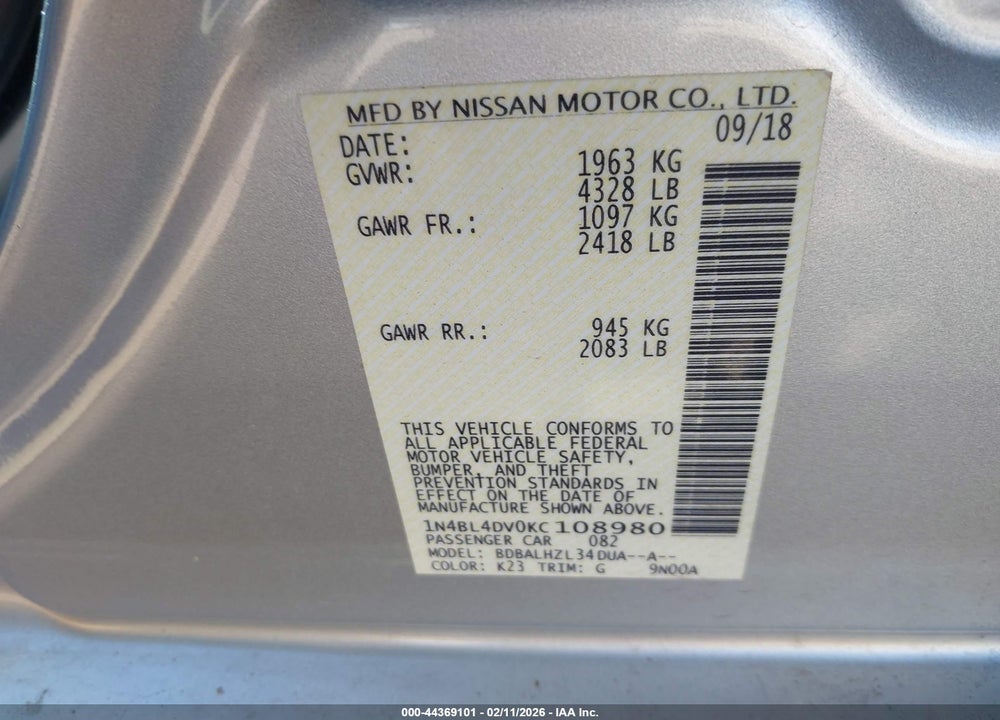 2019 NISSAN ALTIMA 2.5 SV VIN: 1N4BL4DV0KC108980