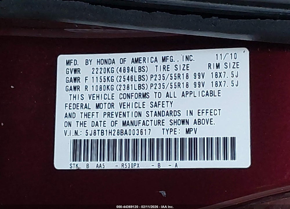 2011 ACURA RDX VIN: 5J8TB1H28BA003617