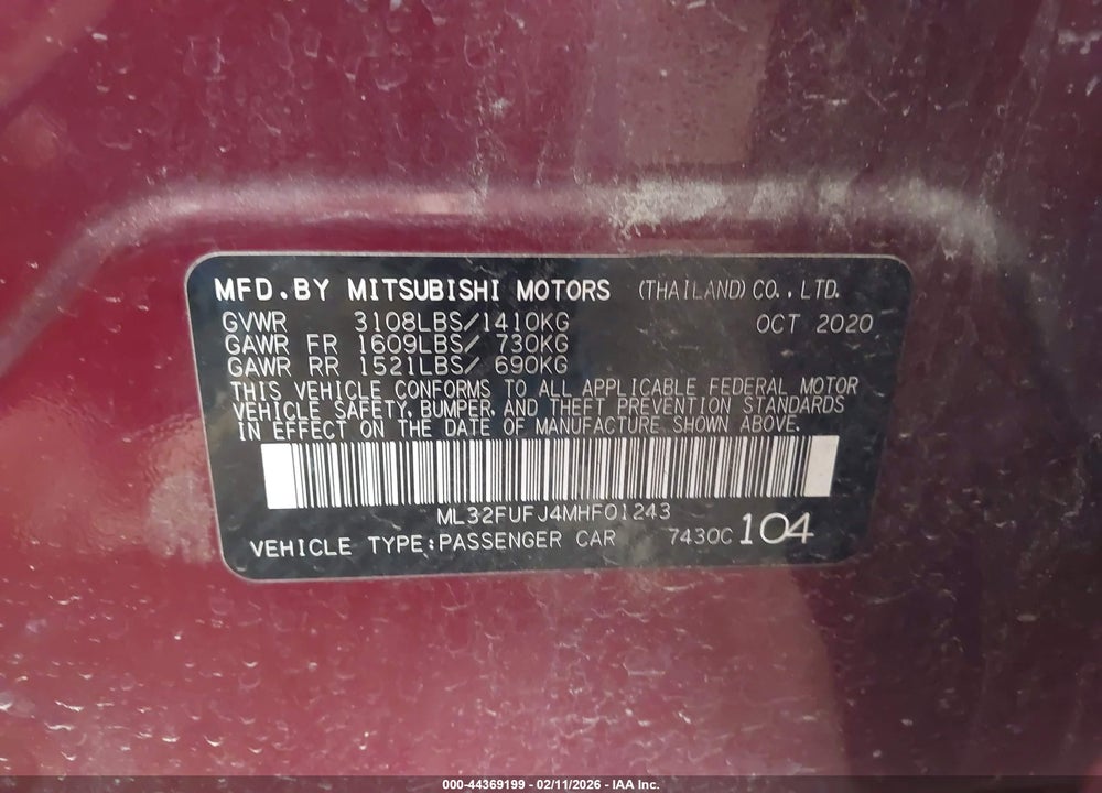 2021 MITSUBISHI MIRAGE G4 CARBONITE EDITION/ES/LE VIN: ML32FUFJ4MHF01243