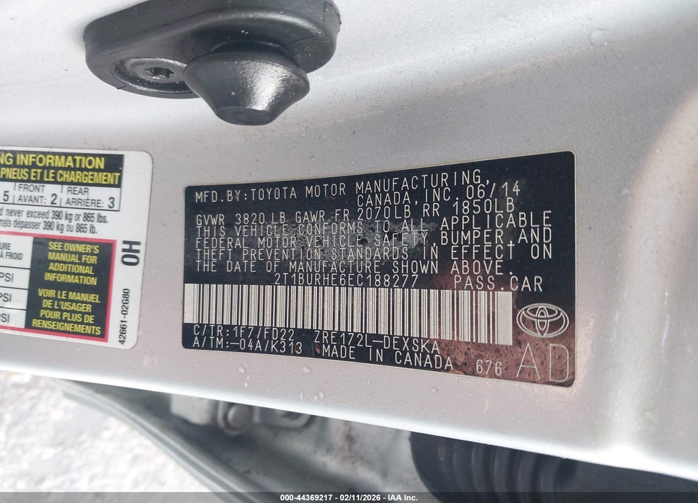 2014 TOYOTA COROLLA S PLUS VIN: 2T1BURHE6EC188277