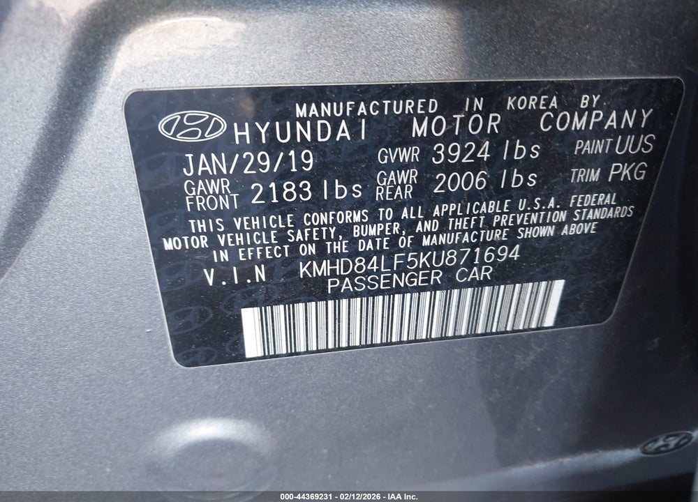 2019 HYUNDAI ELANTRA SEL VIN: KMHD84LF5KU871694