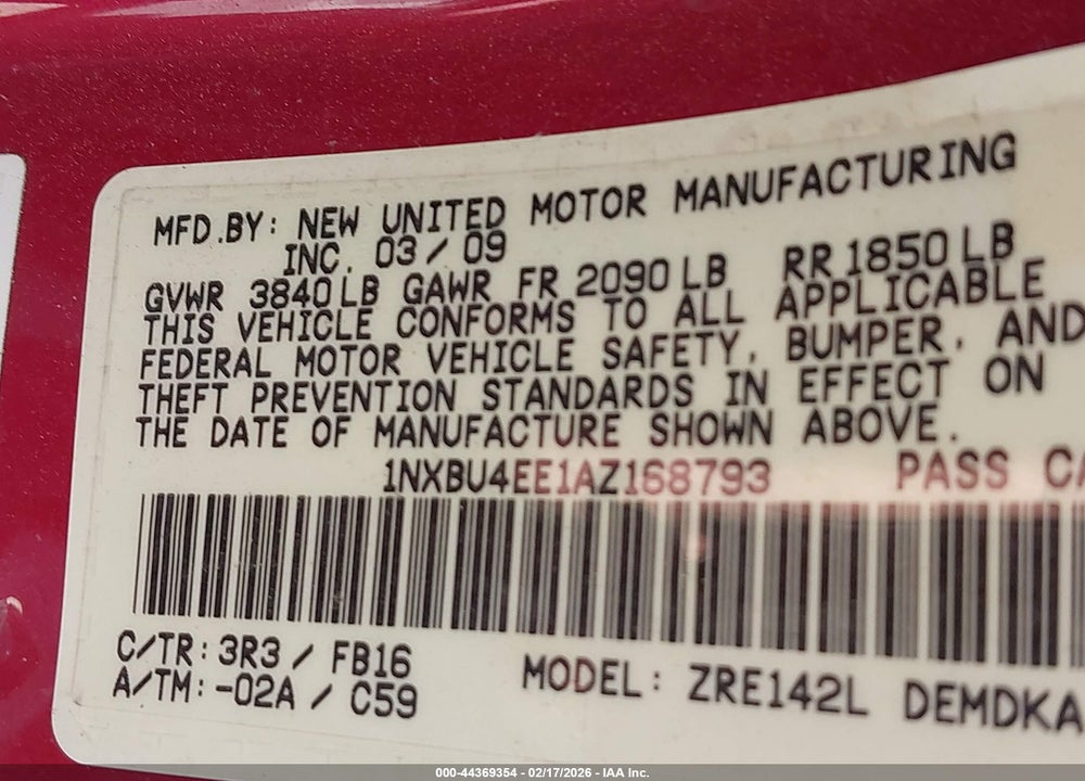 2010 TOYOTA COROLLA VIN: 1NXBU4EE1AZ168793