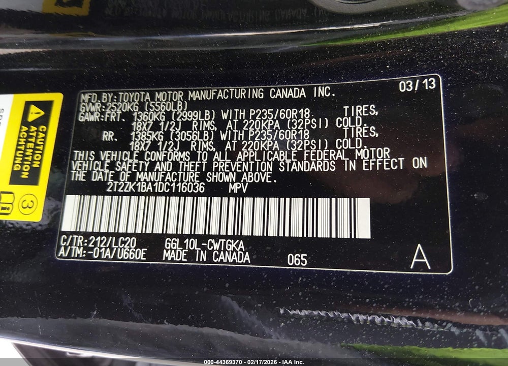 2013 LEXUS RX 350 VIN: 2T2ZK1BA1DC116036