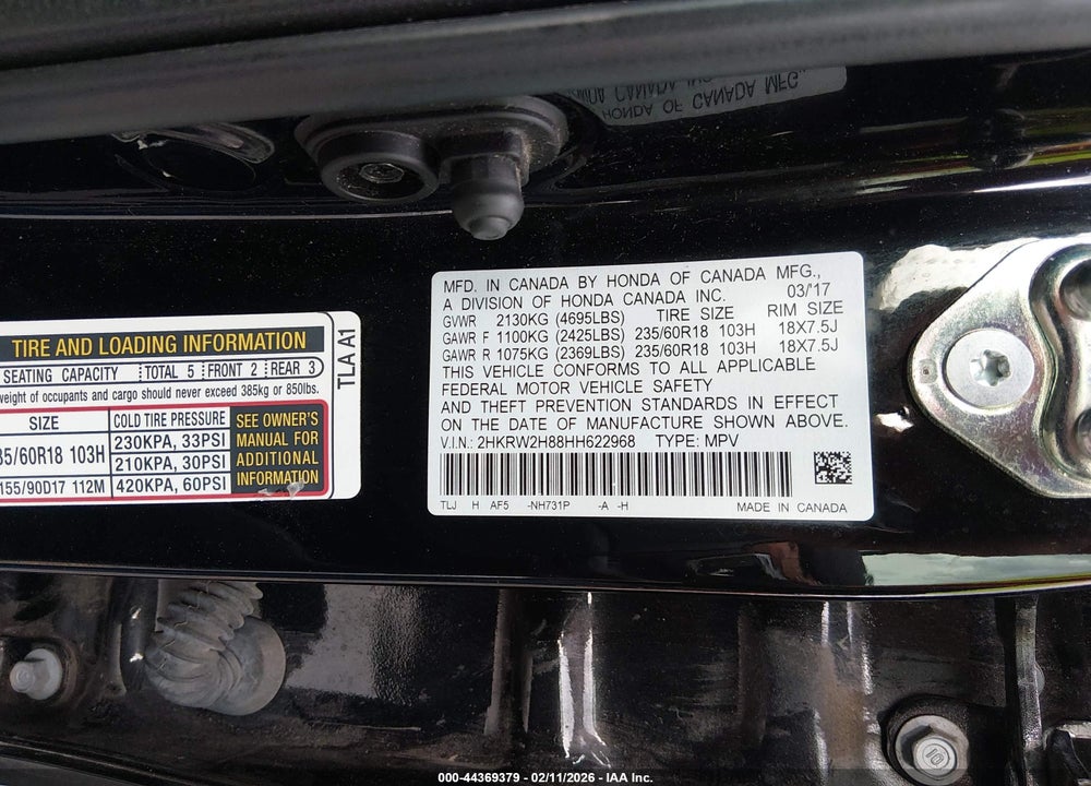 2017 HONDA CR-V EX-L/EX-L NAVI VIN: 2HKRW2H88HH622968