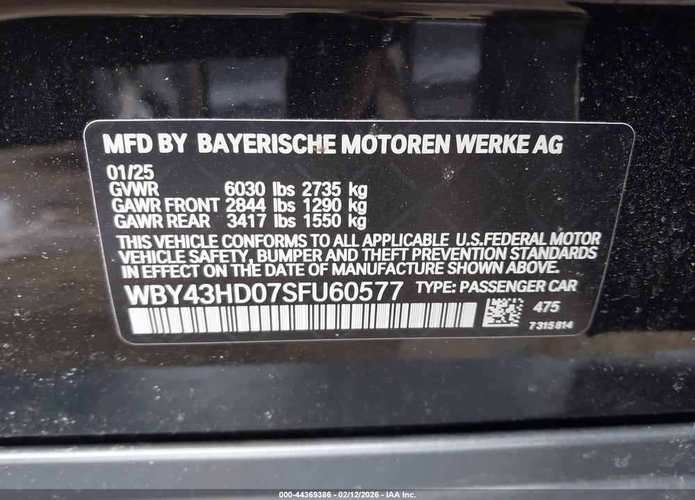 2025 BMW I4 GRAN COUPE XDRIVE40 VIN: WBY43HD07SFU60577