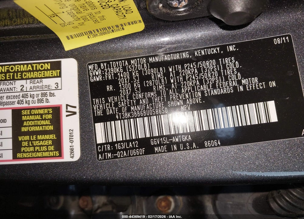 2011 TOYOTA VENZA BASE V6 VIN: 4T3BK3BB6BU058650