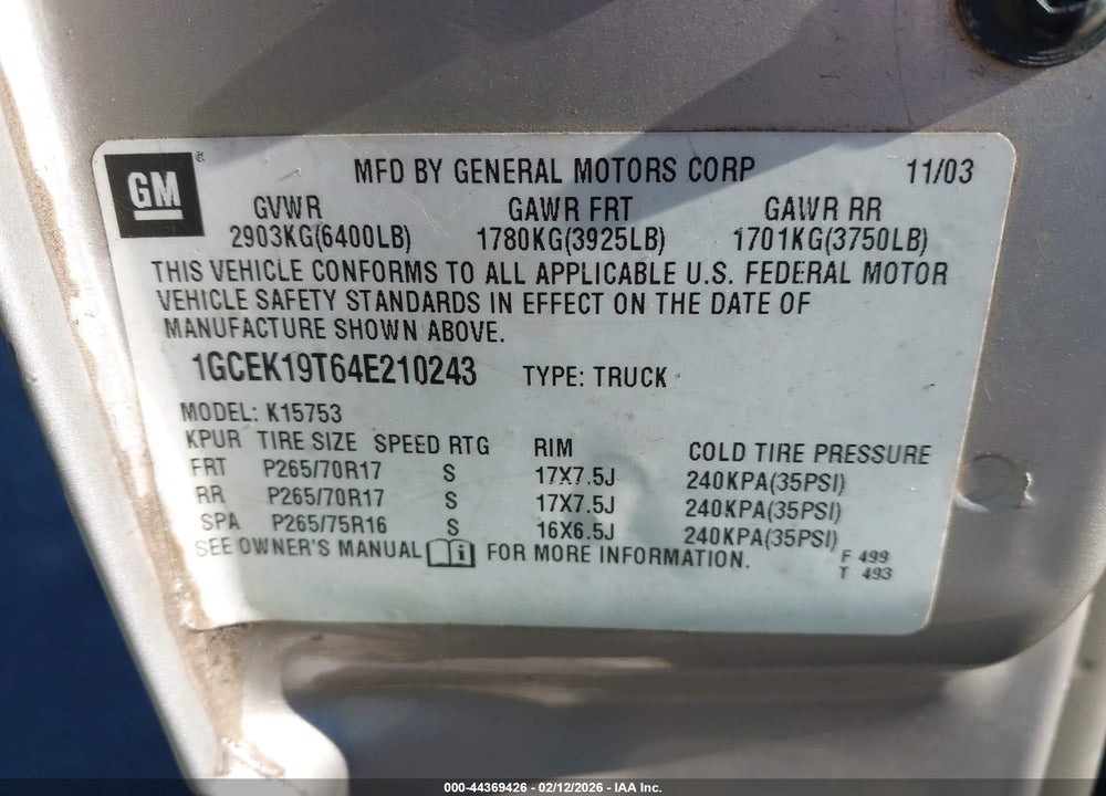 2004 CHEVROLET SILVERADO 1500 Z71 VIN: 1GCEK19T64E210243