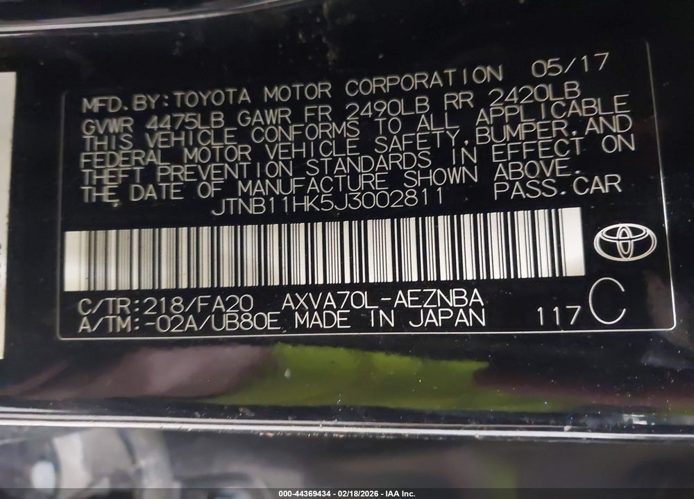 2018 TOYOTA CAMRY LE VIN: JTNB11HK5J3002811