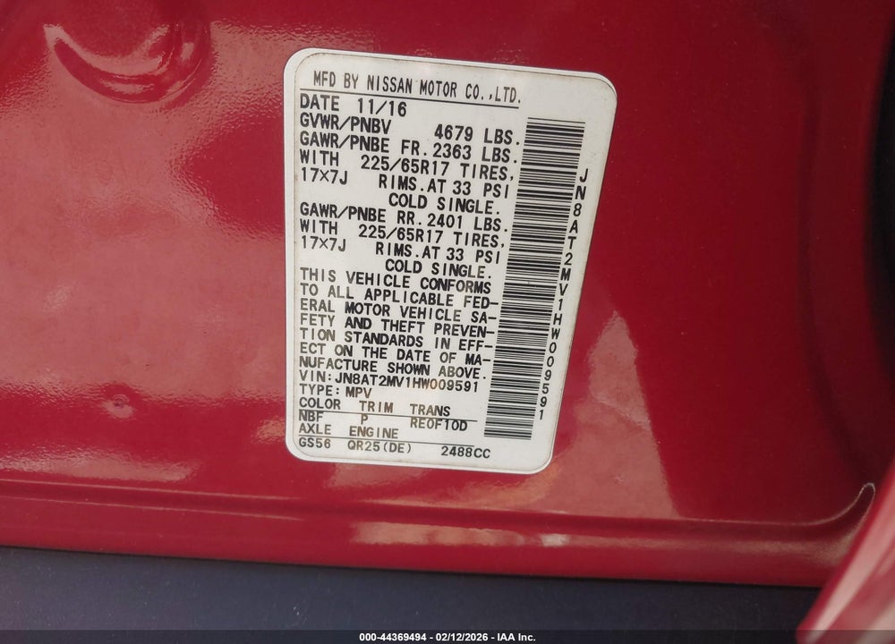 2017 NISSAN ROGUE S VIN: JN8AT2MV1HW009591