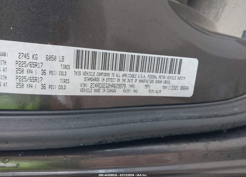 2017 DODGE GRAND CARAVAN GT VIN: 2C4RDGEG2HR629979