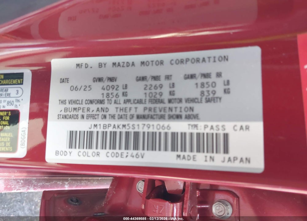 2025 MAZDA 3 2.5 S SELECT SPORT VIN: JM1BPAKM5S1791066