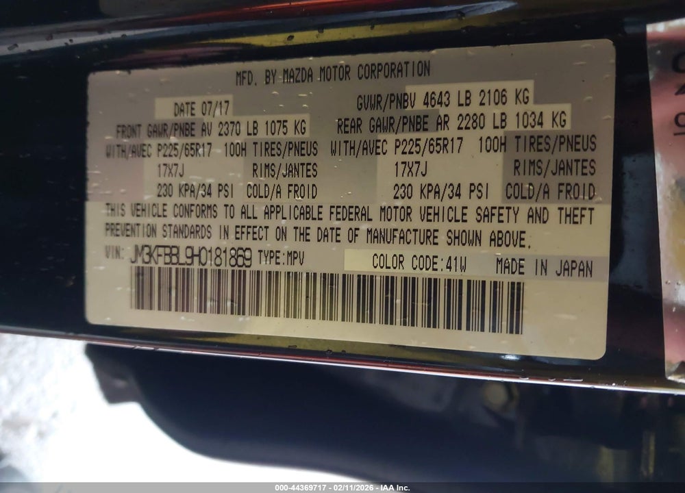 2017 MAZDA CX-5 SPORT VIN: JM3KFBBL9H0181869