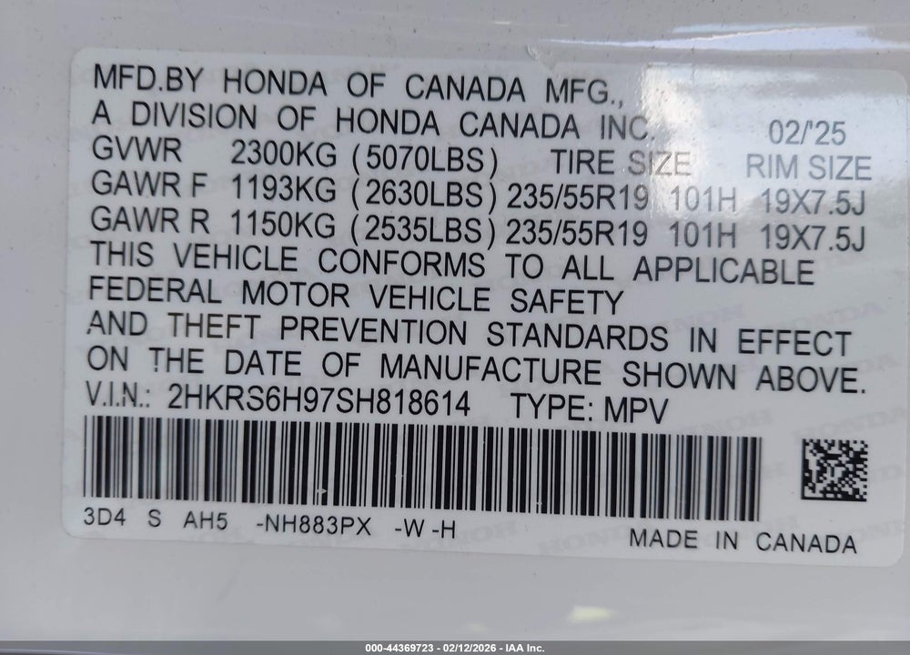 2025 HONDA CR-V HYBRID SPORT TOURING VIN: 2HKRS6H97SH818614