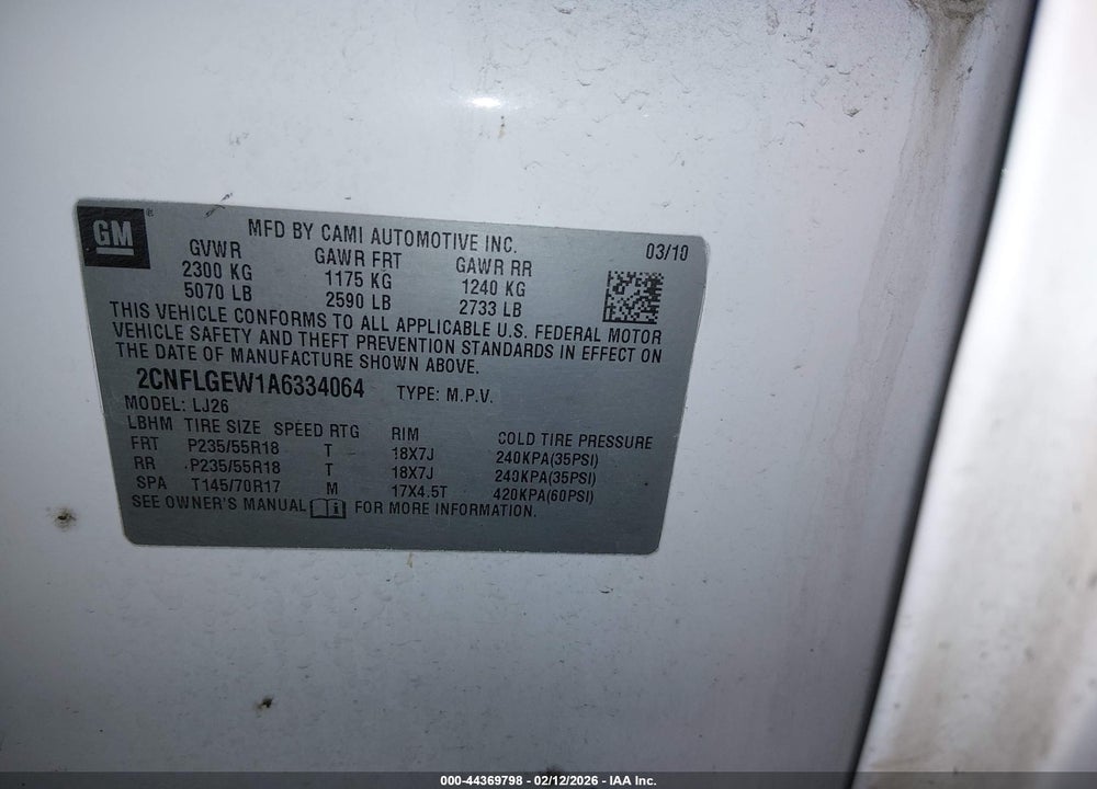 2010 CHEVROLET EQUINOX LTZ VIN: 2CNFLGEW1A6334064