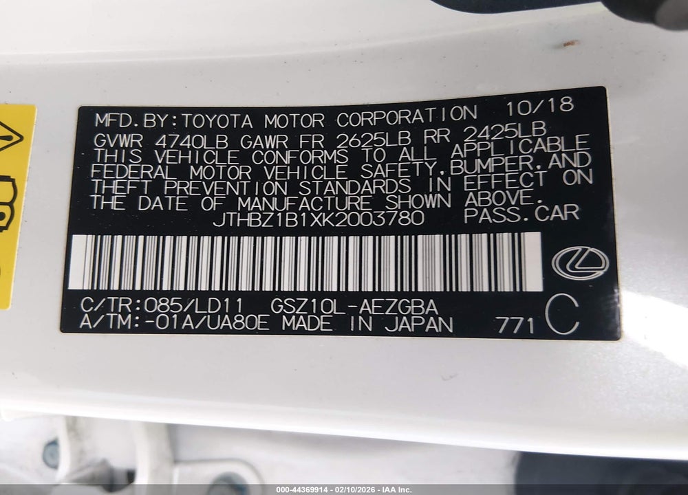 2019 LEXUS ES 350 VIN: JTHBZ1B1XK2003780