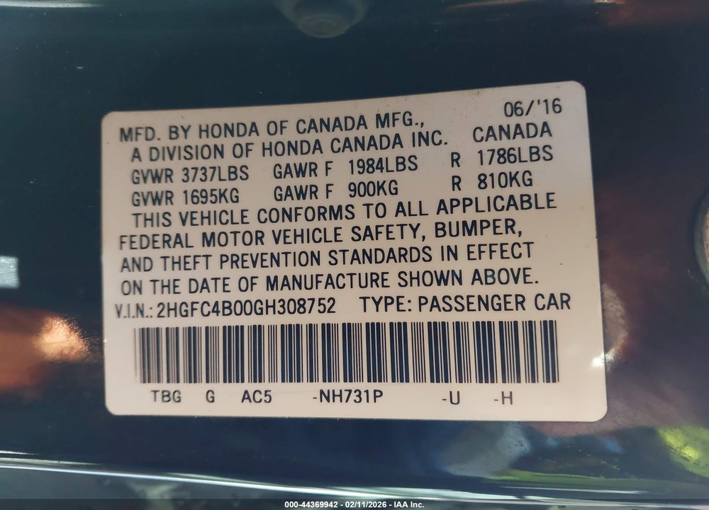2016 HONDA CIVIC LX-P VIN: 2HGFC4B00GH308752