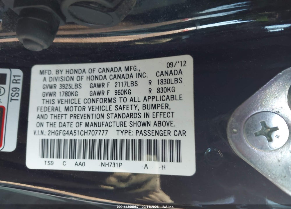 2012 HONDA CIVIC SI VIN: 2HGFG4A51CH707777