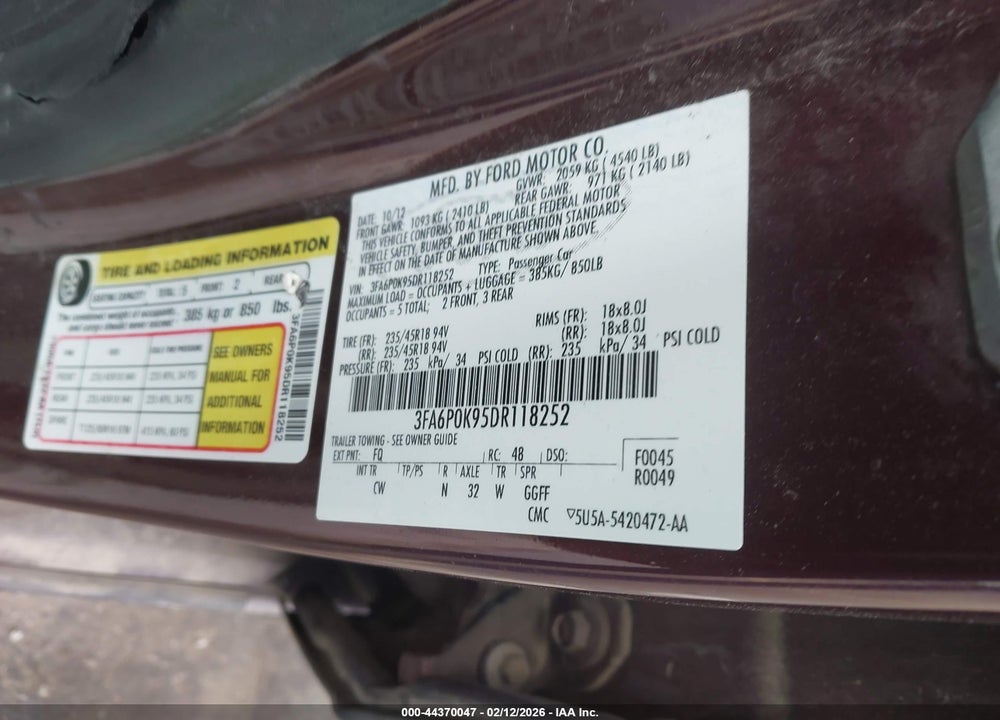 2013 FORD FUSION TITANIUM VIN: 3FA6P0K95DR118252