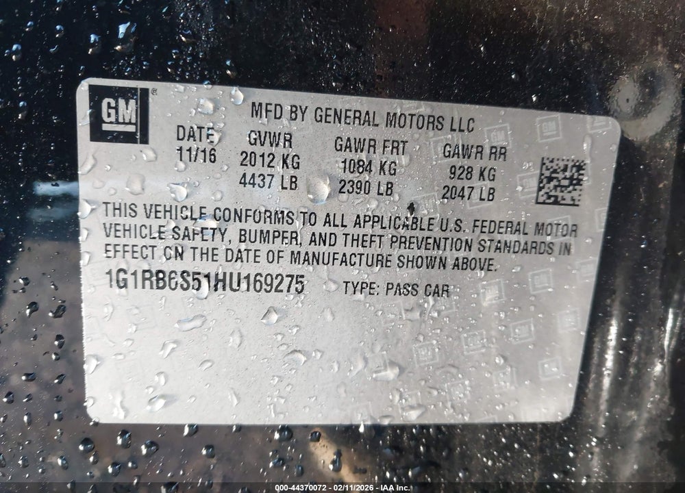 2017 CHEVROLET VOLT PREMIER VIN: 1G1RB6S51HU169275