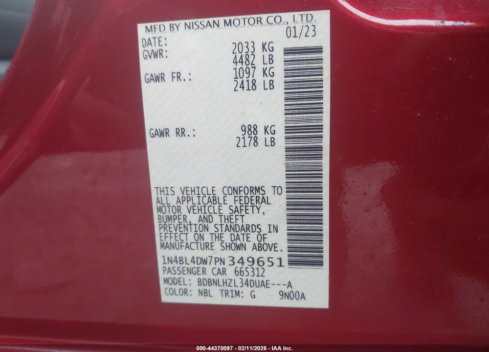 2023 NISSAN ALTIMA SV INTELLIGENT AWD VIN: 1N4BL4DW7PN349651