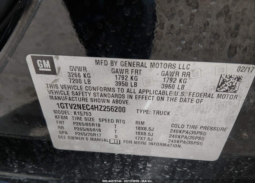 2017 GMC SIERRA 1500 SLT VIN: 1GTV2NEC4HZ256200