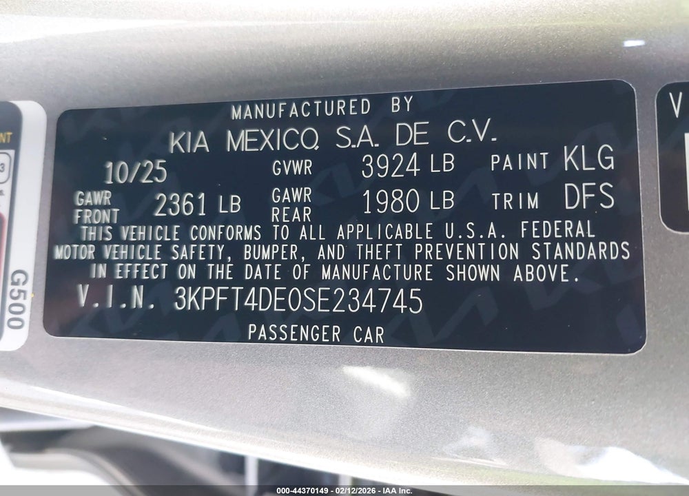 2025 KIA K4 LXS VIN: 3KPFT4DE0SE234745