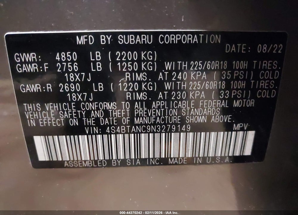 2022 SUBARU OUTBACK LIMITED VIN: 4S4BTANC9N3279149