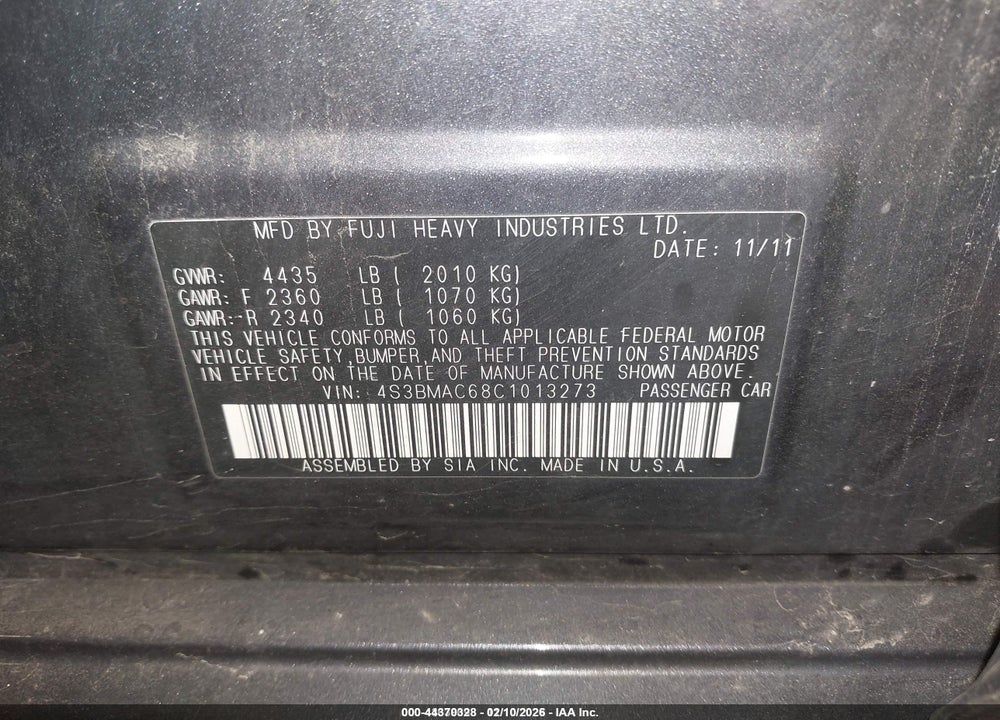 2012 SUBARU LEGACY 2.5I PREMIUM VIN: 4S3BMAC68C1013273