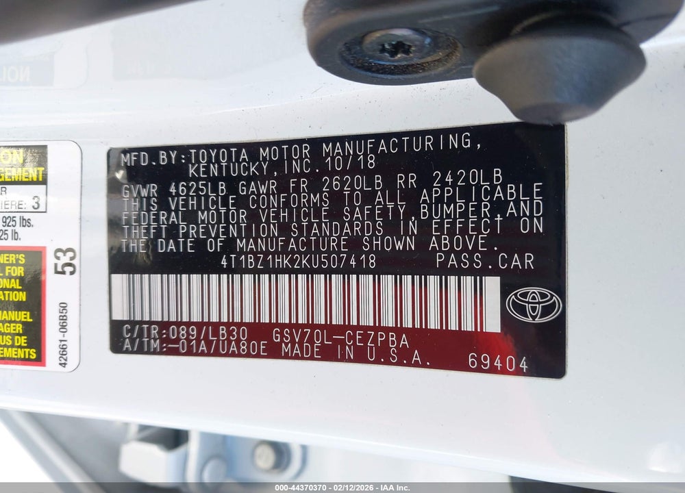 2019 TOYOTA CAMRY XSE V6 VIN: 4T1BZ1HK2KU507418