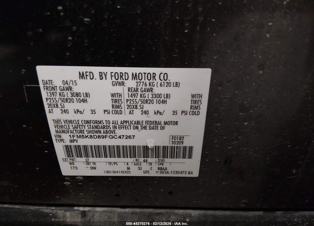 2015 FORD EXPLORER XLT VIN: 1FM5K8D89FGC47267