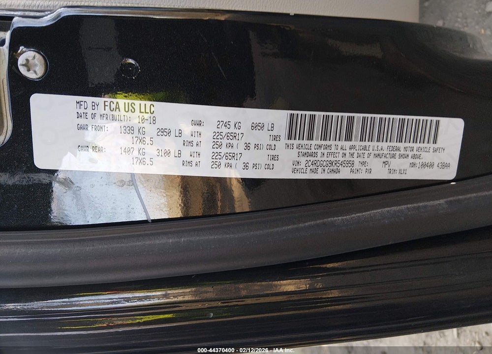 2019 DODGE GRAND CARAVAN SXT VIN: 2C4RDGCG9KR545958