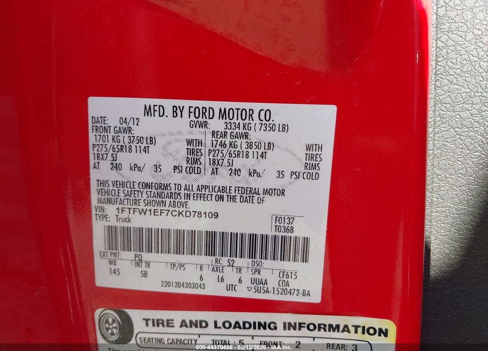 2012 FORD F-150 FX4 VIN: 1FTFW1EF7CKD78109