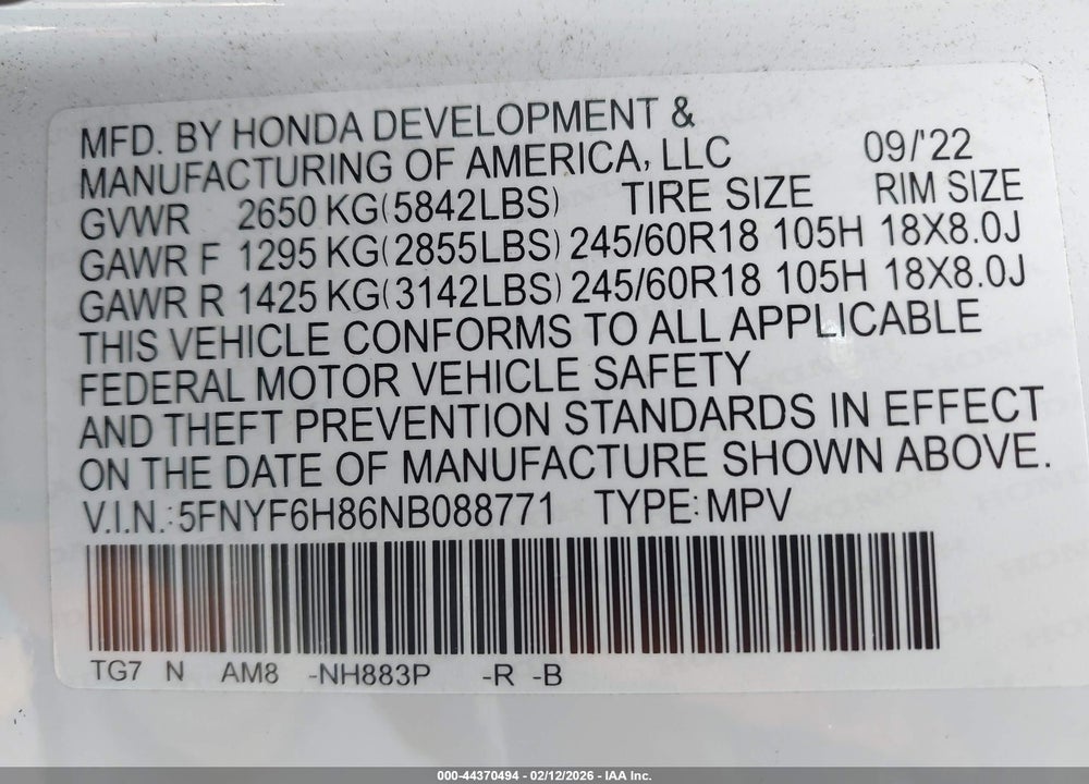 2022 HONDA PILOT AWD TRAILSPORT VIN: 5FNYF6H86NB088771