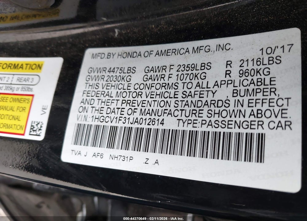 2018 HONDA ACCORD SPORT VIN: 1HGCV1F31JA012614