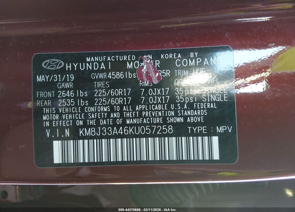 2019 HYUNDAI TUCSON VALUE VIN: KM8J33A46KU057258
