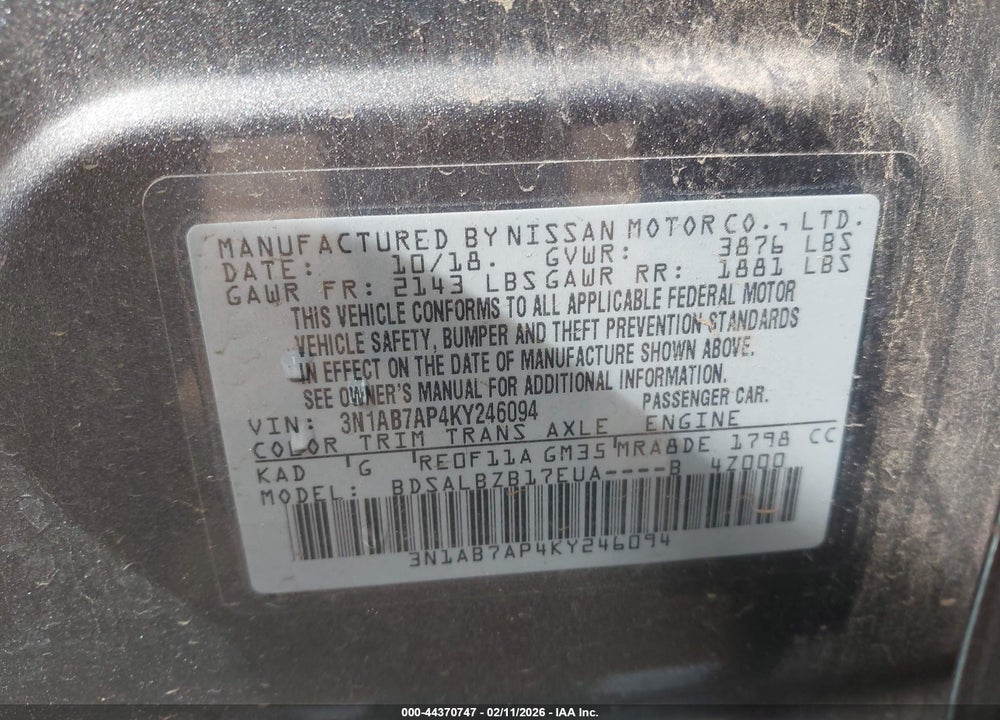 2019 NISSAN SENTRA S VIN: 3N1AB7AP4KY246094