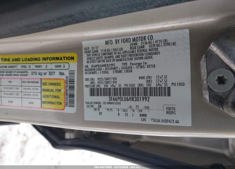 2017 FORD FUSION HYBRID SE VIN: 3FA6P0LU6HR301992