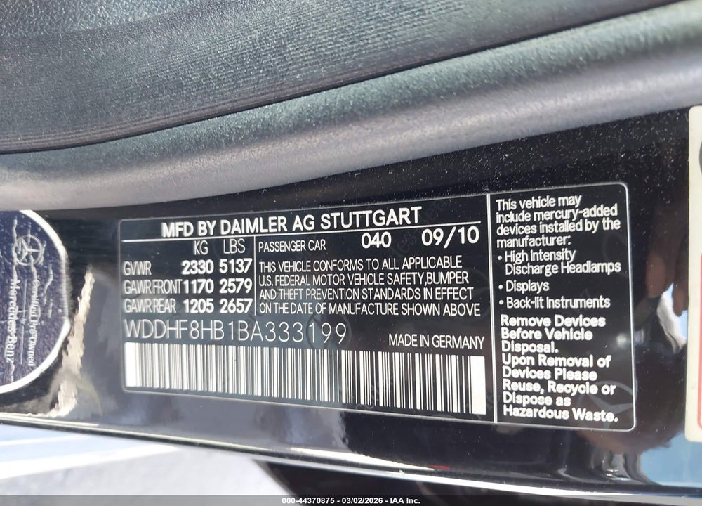 2011 MERCEDES-BENZ E 350 4MATIC VIN: WDDHF8HB1BA333199
