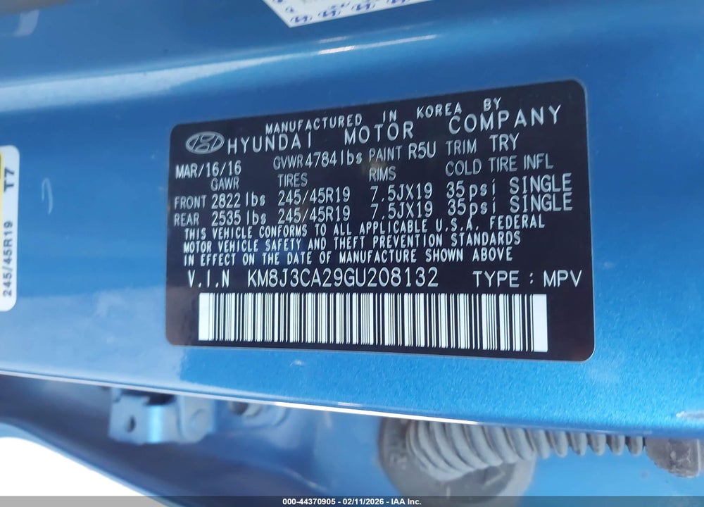 2016 HYUNDAI TUCSON LIMITED VIN: KM8J3CA29GU208132